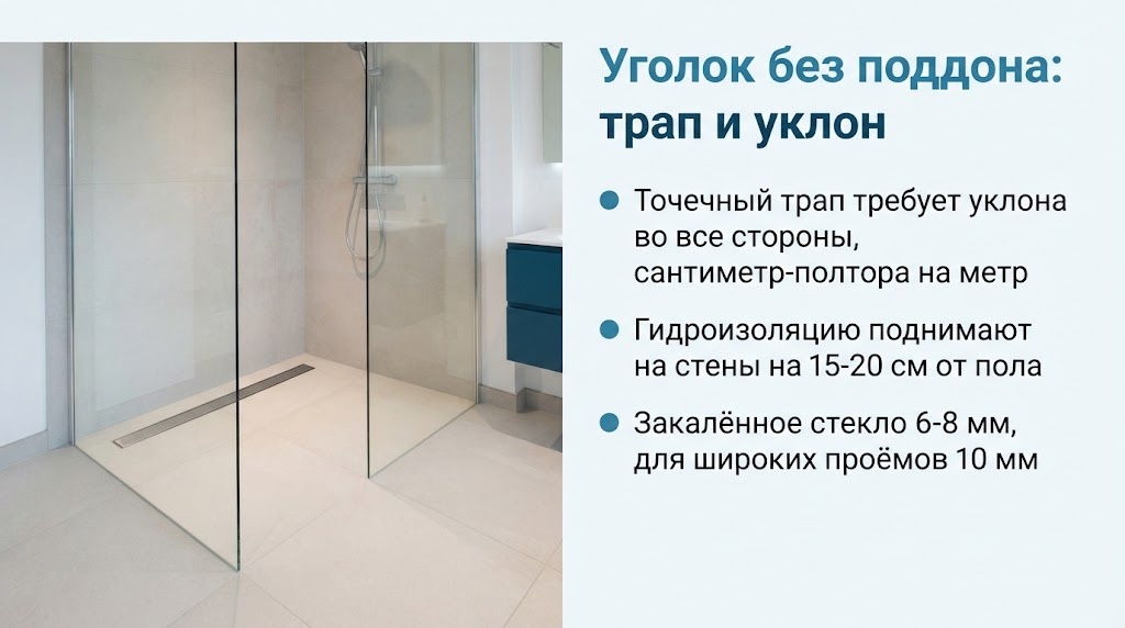 Уголок без поддона: трап и уклон
