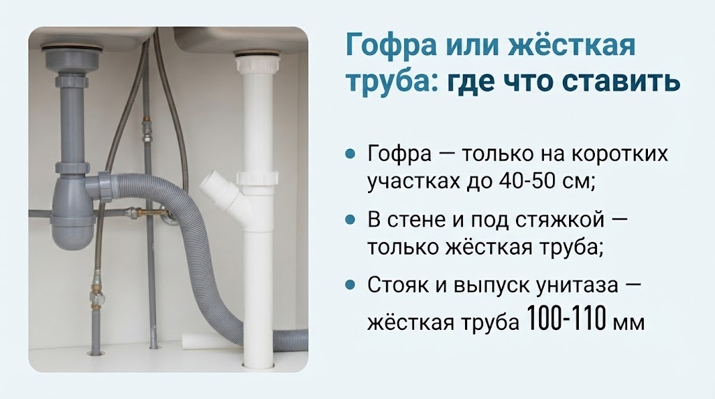 Гофра или жёсткая труба: где что ставить