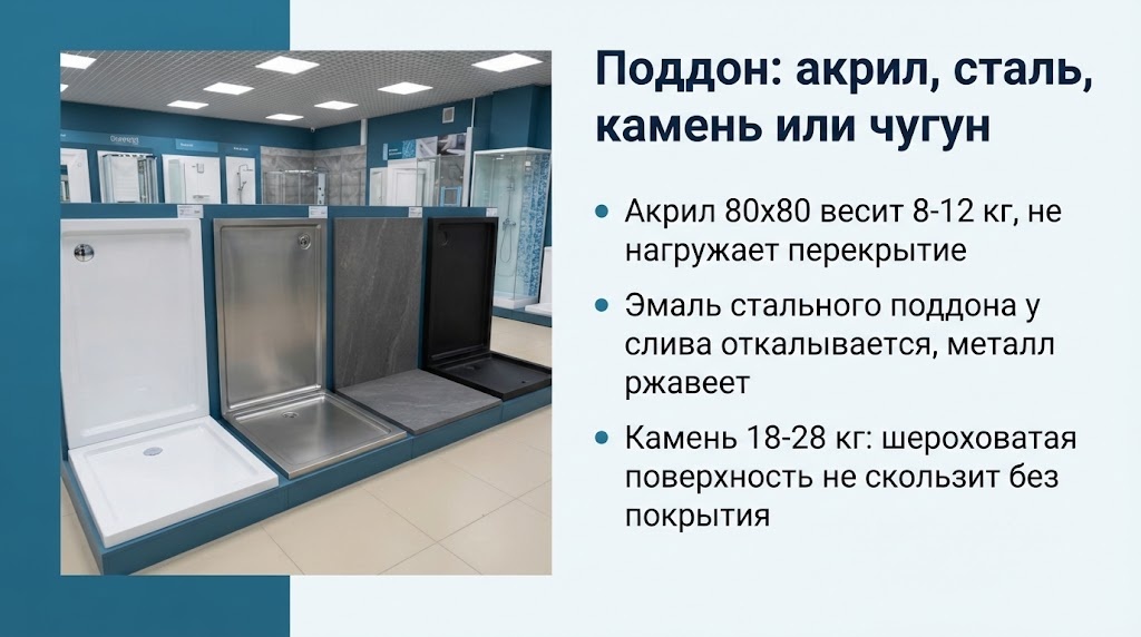 Поддон: акрил, сталь, камень или чугун