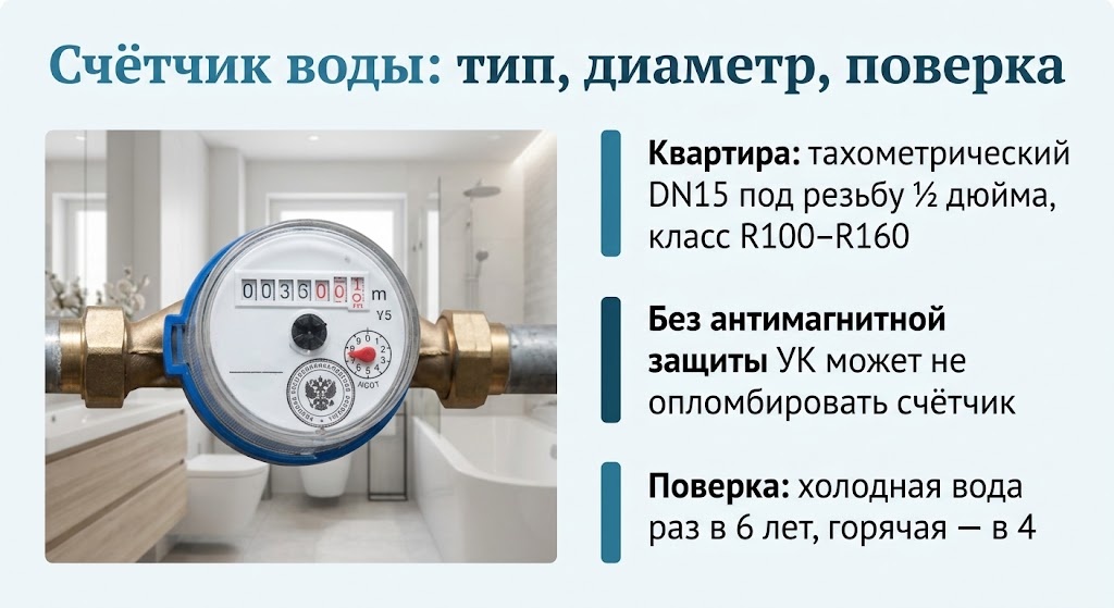 Счётчик воды: тип, диаметр, поверка