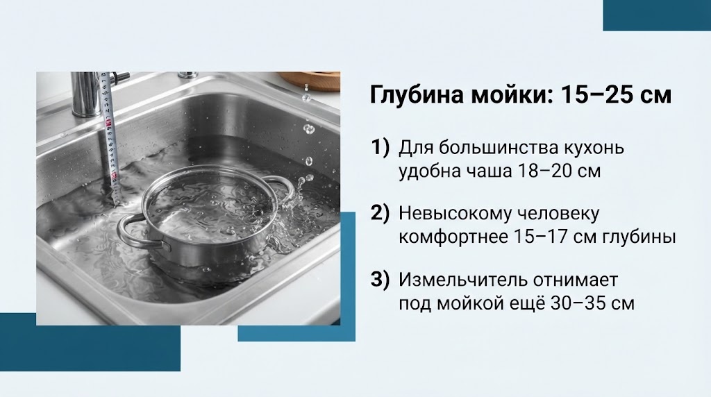 Глубина мойки: 15–25 см