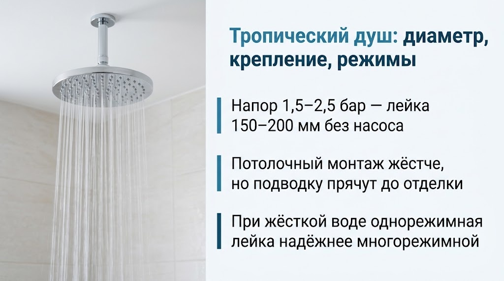 Тропический душ: диаметр, крепление, режимы